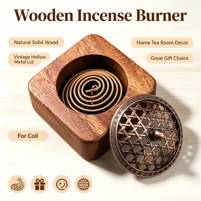 Walnut Square Aromatherapy Incense Burner Hollow Wooden Box Home Indoor Sandalwood Coil Incense Desktop Ornament Quake