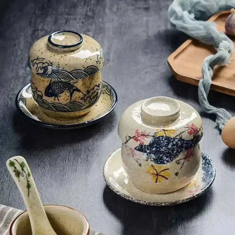 Steaming Bowl With Lid Ceramic Pudding Bowl Egg Steaming Cup Dessert Bird's Nest Small Egg Soup Bowl Quake