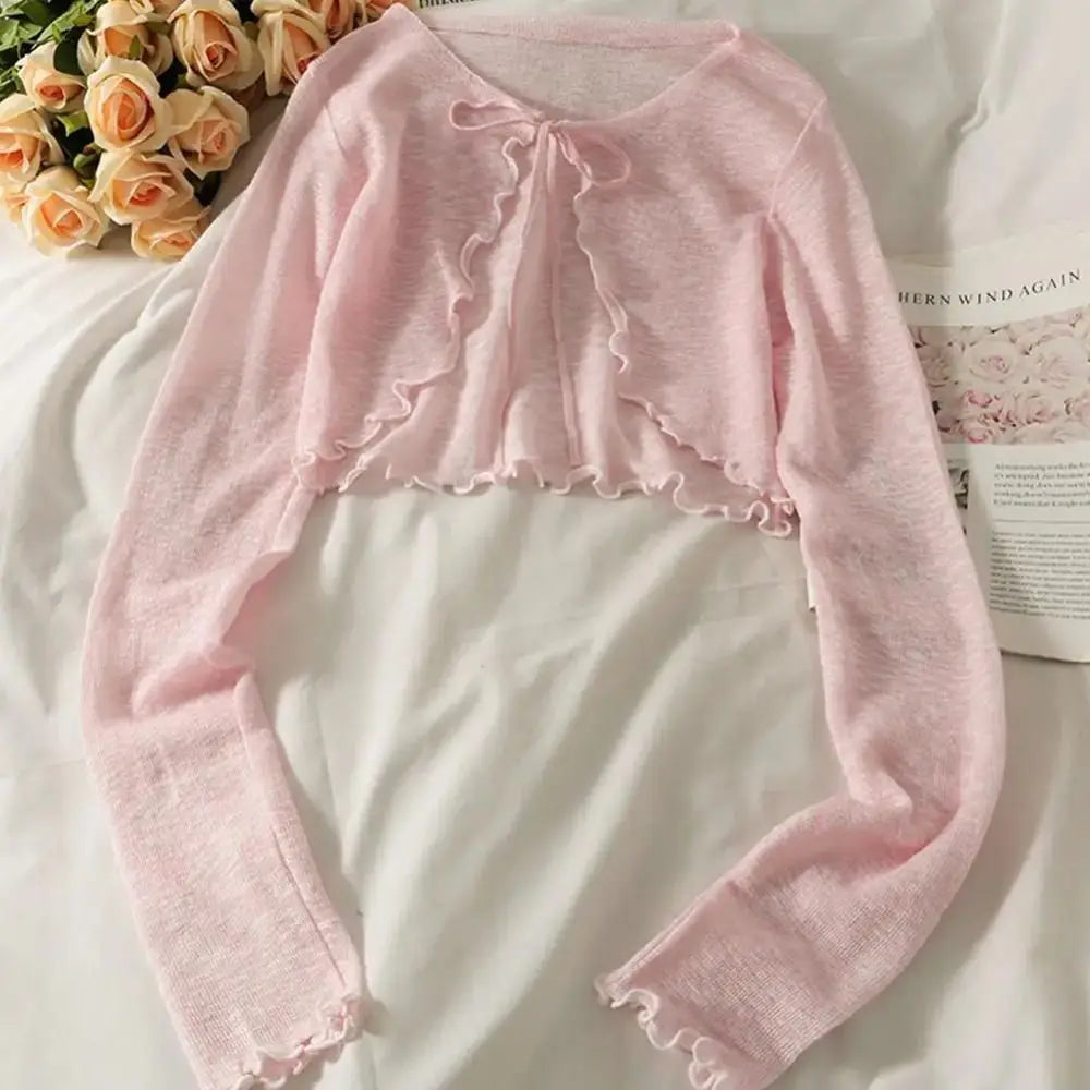 Thin Sunscreen Cardigan Ruffle Design Long Sleeve Sun Protected Polyester Sunscreen Clothing Short Coat Casual Women Quake