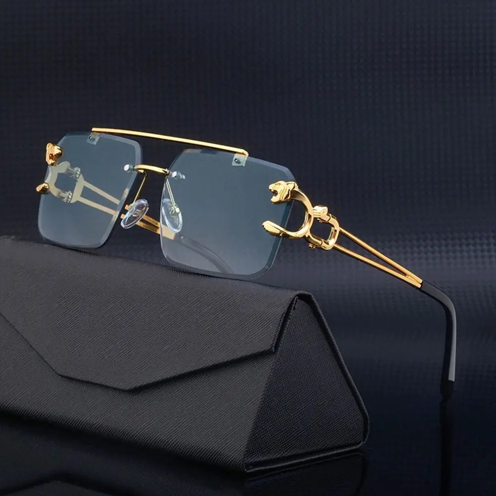Fashion Retro Cheetah Decoration Sunglasses for Women Men Metal Steampunk Sun Glasses Summer UV400 Shades Trendy Rimless Eyewear Quake