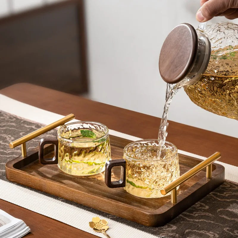2Pcs Glacier Texture Glass Cups with Wooden Handle High Appearance Tea Coffee Mugs Heat Resistant WaterDrinking Cups for Home Quake