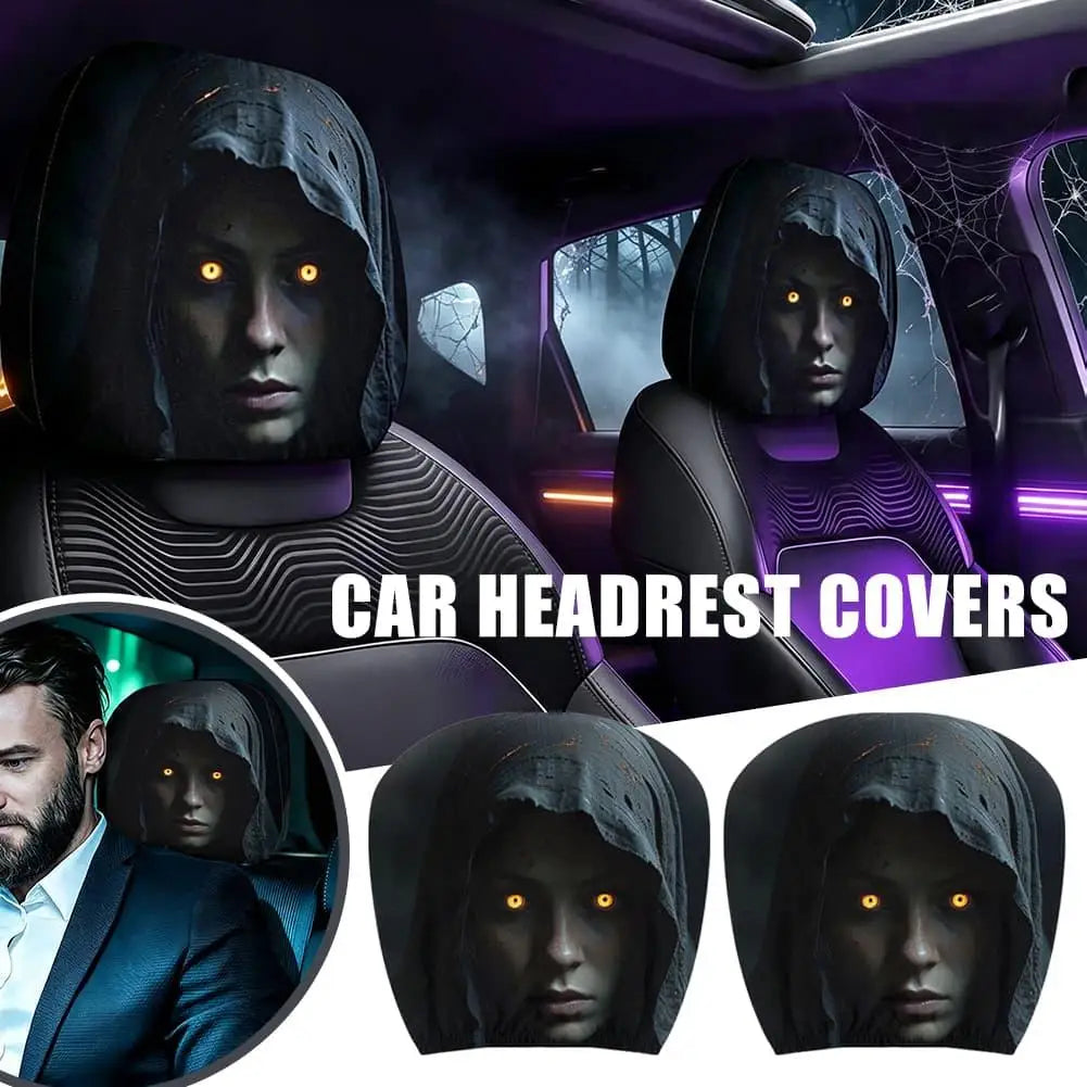 Halloween Car Headrest Covers 2Pcs Scary Face Print Stretch Dustproof Seat Protector Universal Horror Car Interior Accessories Quake