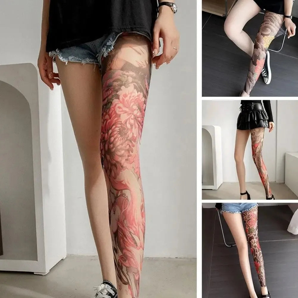 New Fake Tattoo Women's Sexy Printed Tights Mesh Leggings High Pantyhose Perspective Peony Pantyhose Summer Quake