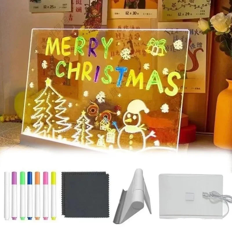 Light Up Acrylic Message Board Rewritable DIY Children's Glowing Drawing Board Message Lamp With 7 Colorful Pens Quake L(7 Pens)
