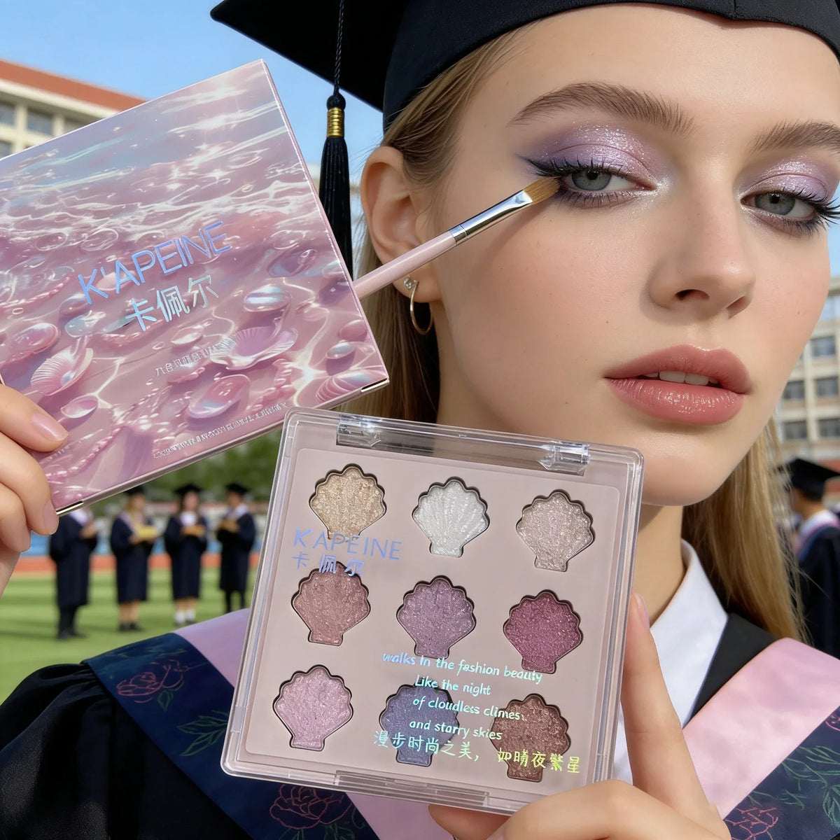 Shimmering Star Shell 9-Color Eyeshadow Palette Mermaid Sparkle Glitter Highlighter Eye Makeup for Graduation Party Glam Quake
