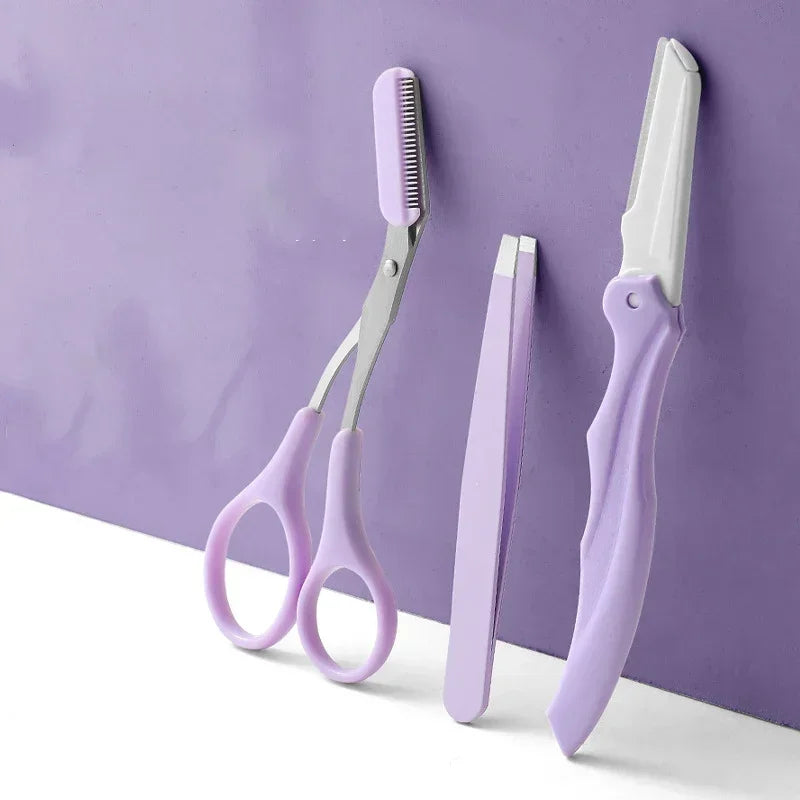 vvocci 3Pcs Eyebrow Tools Portable Scissors with Comb Private Label Set Makeup Eyebrow Trimming Set Eyebrow Razor makeup tools Quake