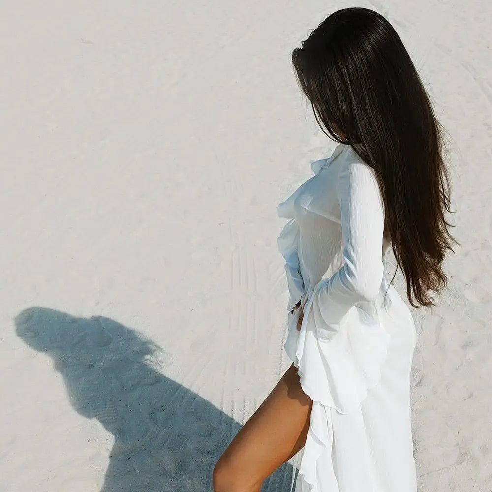 Fashion V Neck Summer Beach Cover Up Ruffled Loose Beach Dress Long Sleeve Vacation Bikini Sunscreen Smock for Women Quake