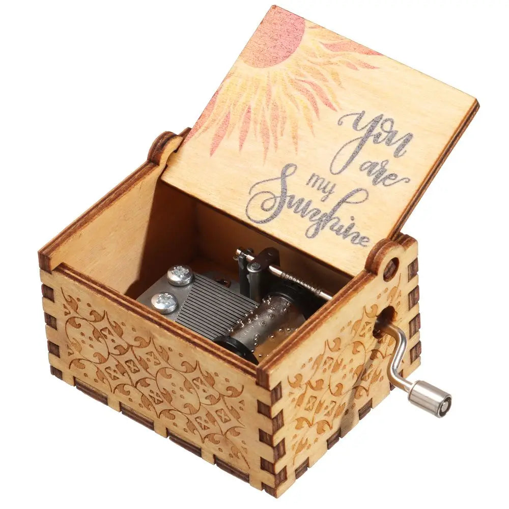 Valentine's Day Birthday Christmas Wooden Black Engraved You are My Sunshine Music Box Hand-Cranked Musical Boxes Quake 3