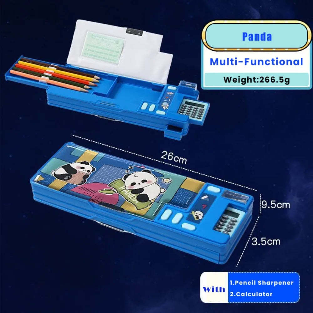 Plastic Pencil Case Fun Mechanism Design Double Sided Use Stationery Storage Box Large Capacity With Calculator/Pencil Sharpener Quake Dark Blue Panda