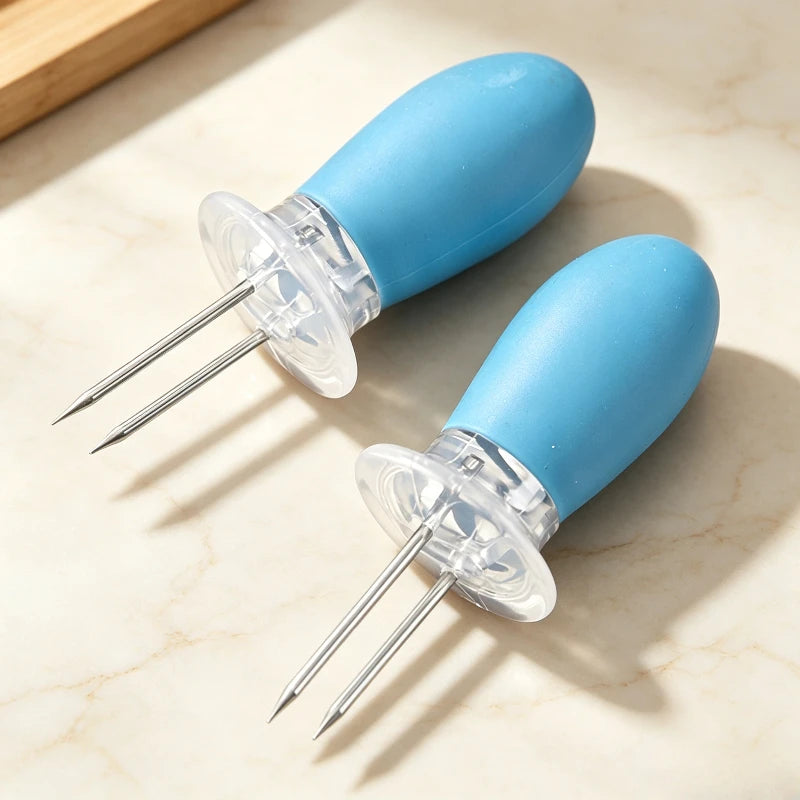 A pair Corn Holders Stainless Steel Corn Skewers Heat Insulation Anti‑scald Handle Outdoor Camping Barbecue Kitchen Accessory Quake