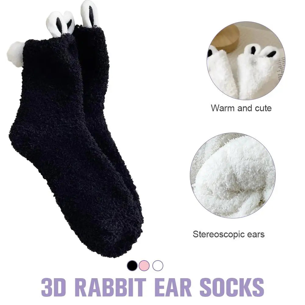 Women's Cartoon Cute Soft Three-dimensional Cute Rabbit Ears Coral Velvet Mid-tube Winter Thicken Lolita Home Warm Sleeping Sock Quake