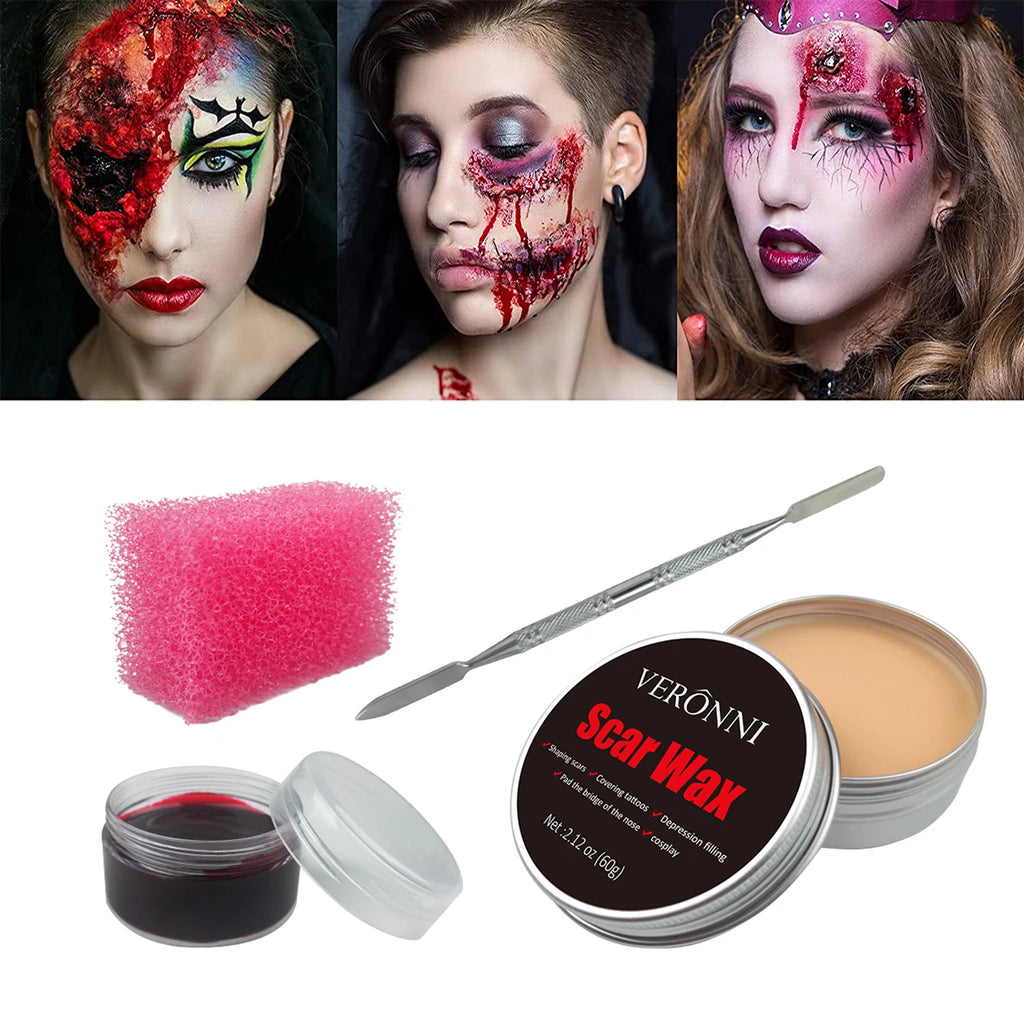 2/4/5PCS SFX Makeup Set Special Effect Halloween Party Wound Scar Wax Makeup with Spatula Sponge to Create a Blood Splash Shape Quake