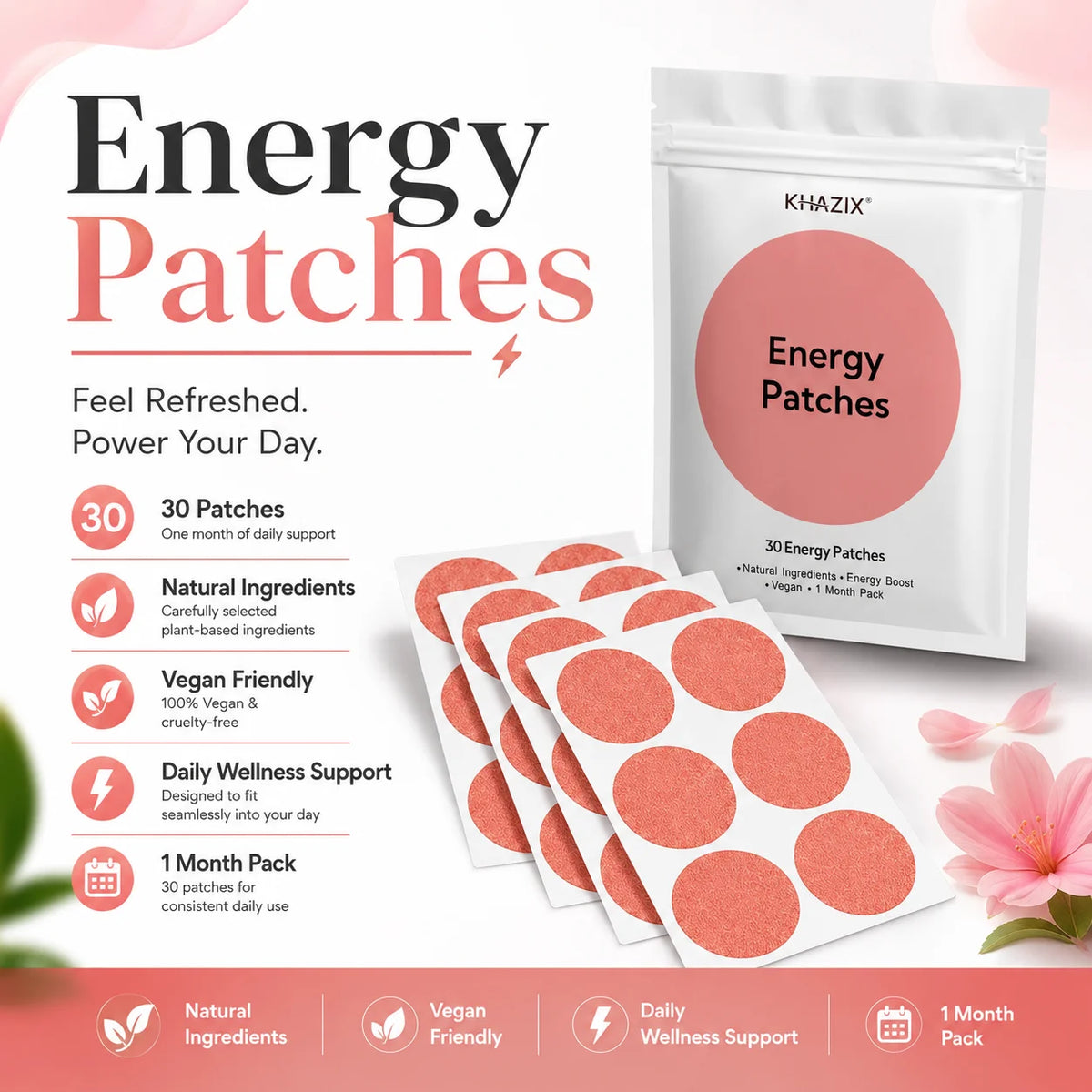 30Pcs Energy Patches Natural Ingredients Vegan Friendly Daily Energy Boost Patch Portable Body Stickers for Work Travel Sports Quake