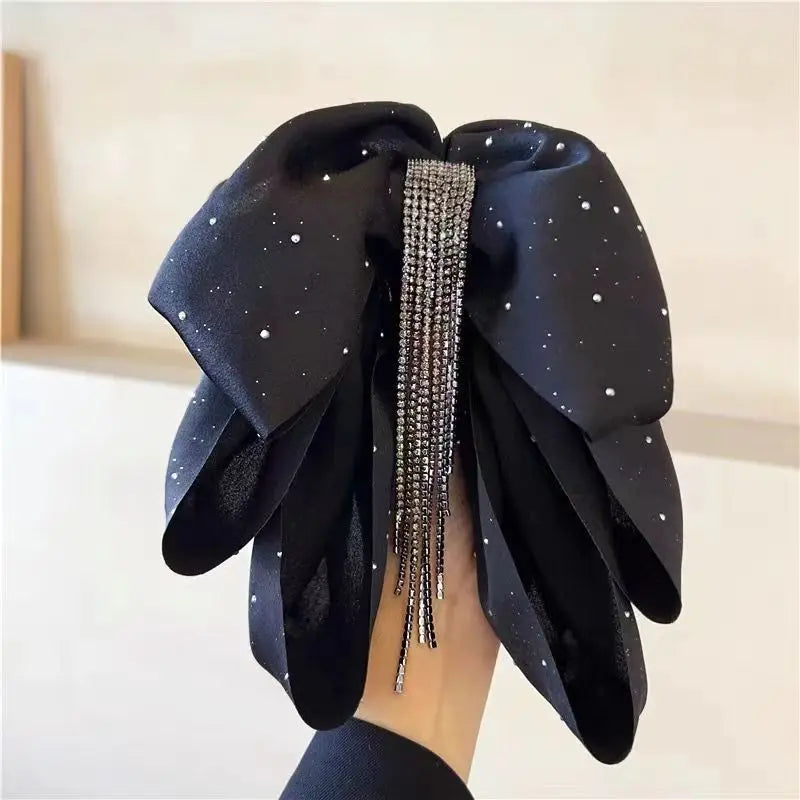 Bow Grab Clip Tassel Satin Premium Starry Sky Ponytail Hair Grab Back of Head Retro Rhinestone Hairpin Female Quake Starry