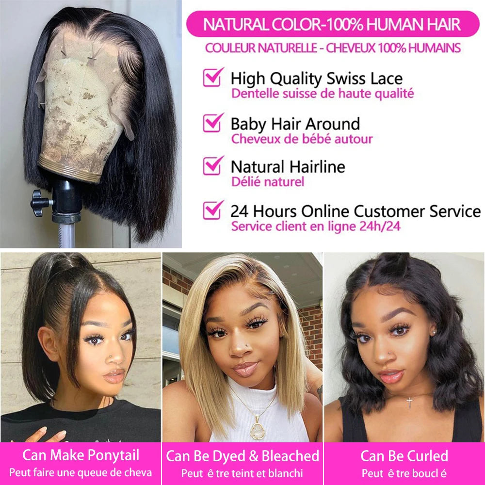 Short Bob Wig Transparent Lace Frontal Wigs Human Hair 100% Straight Bob Wigs Pre Plucked 13x4 Lace Front Wigs For Black Women Quake
