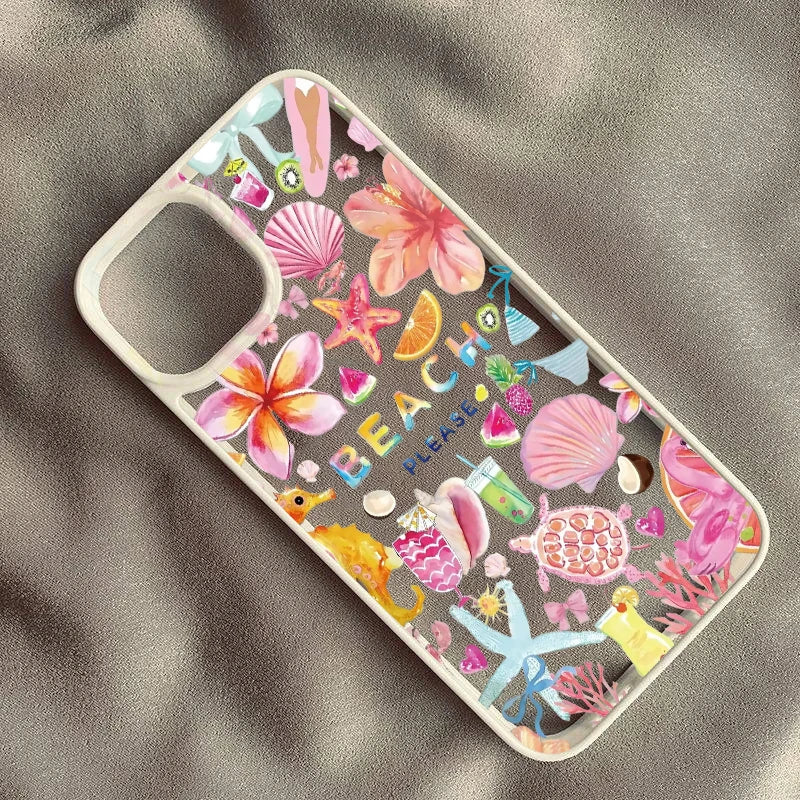 Tropical Summer Beach Clear Case for iPhone 16 12 13 mini 11 14 15 Pro Max XR 7 8 Plus Seashell Hibiscus Fruit shockproof Cover Quake style 2 For iPhone 16 Pro Max