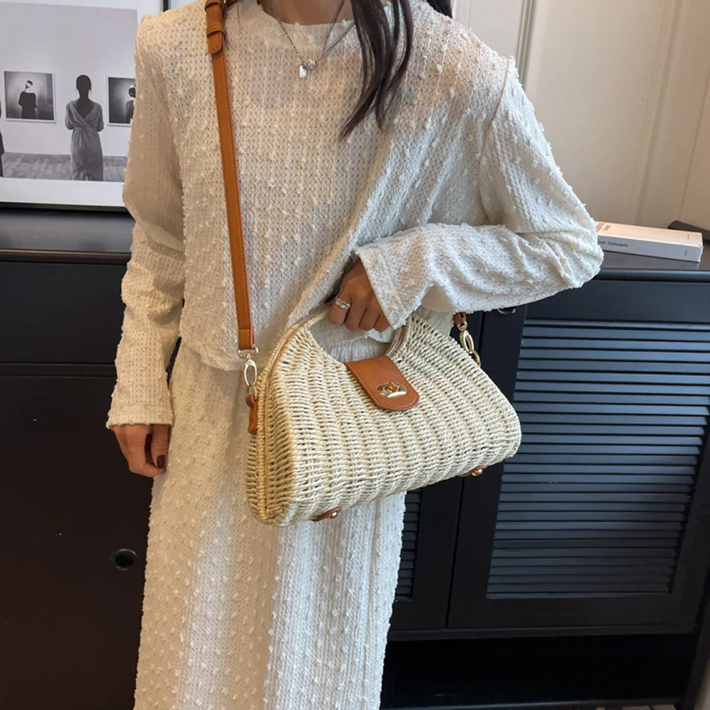 Women Hand-Woven Bag Summer Woven Shell Female Tote Bag Handmade Fashion Holiday Casual Simple Elegant Lady Straw Bag Quake