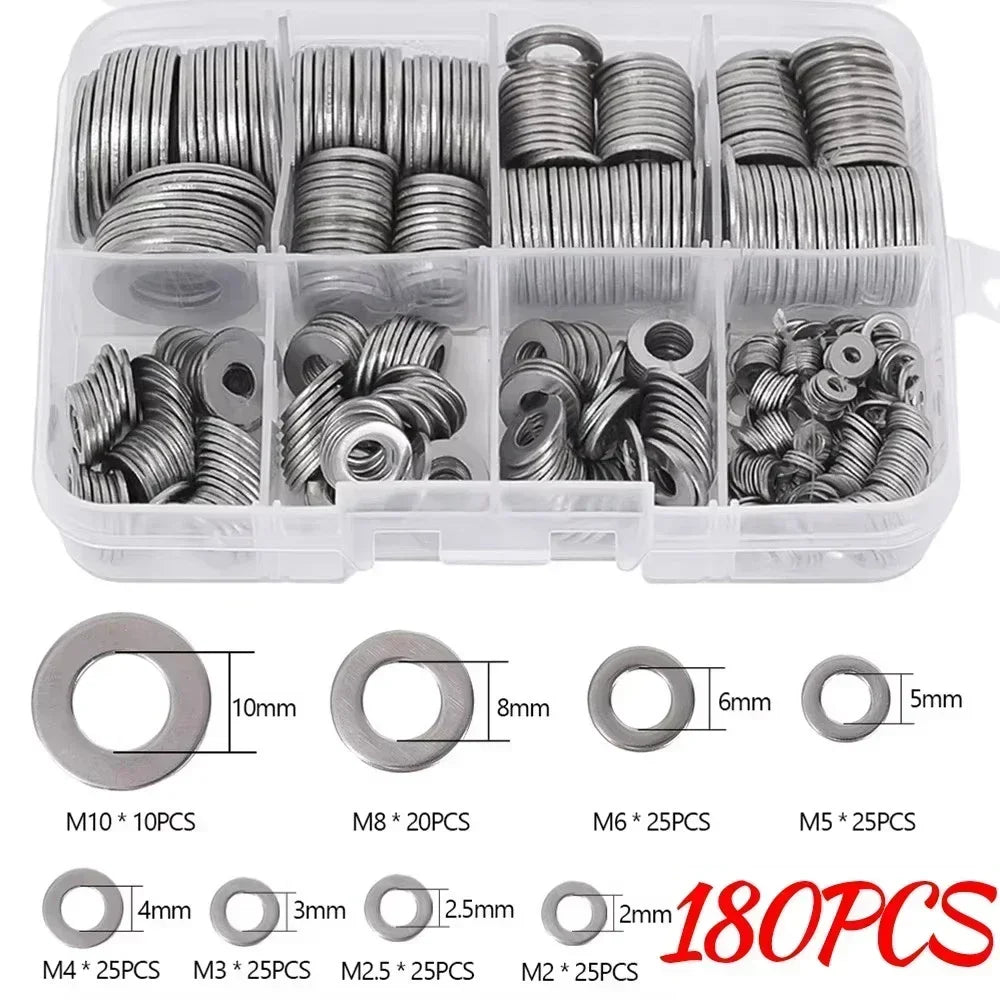 684/180PCS Stainless Steel Screw Washers Multi-function Plain Washer Gaskets Assortment Kit Sturdy Hardware Metal Washers M2-M12 Quake 180Pcs Box