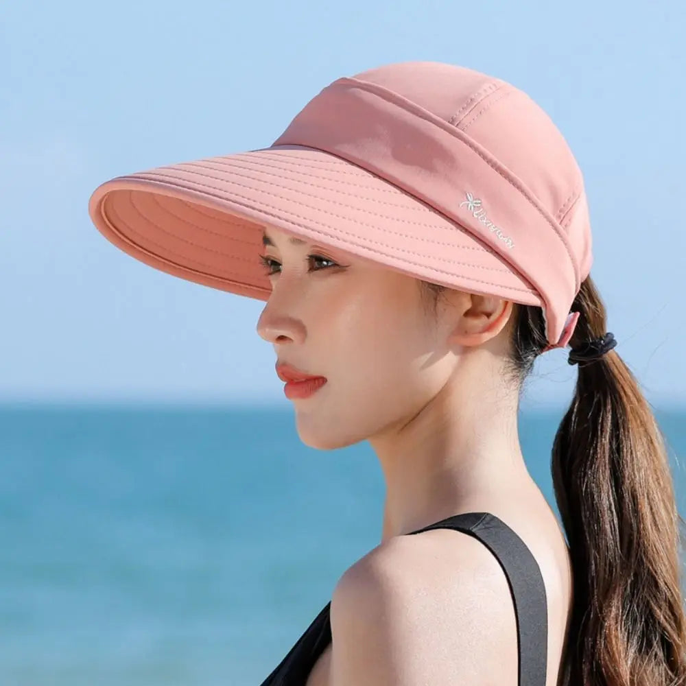 Outdoor Wide Brim Women Summer Sun Hat UV Protection Detachable Empty Top Ponytail Cap Foldable Adjustable Beach Cap Quake dark pink