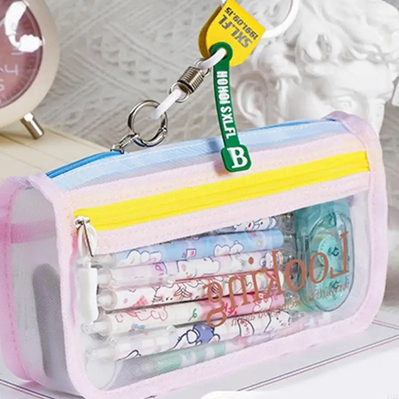 High Capacity Pen Bag Clear Mesh Pencil Case Double Layered Pen Organizers K1KF Quake