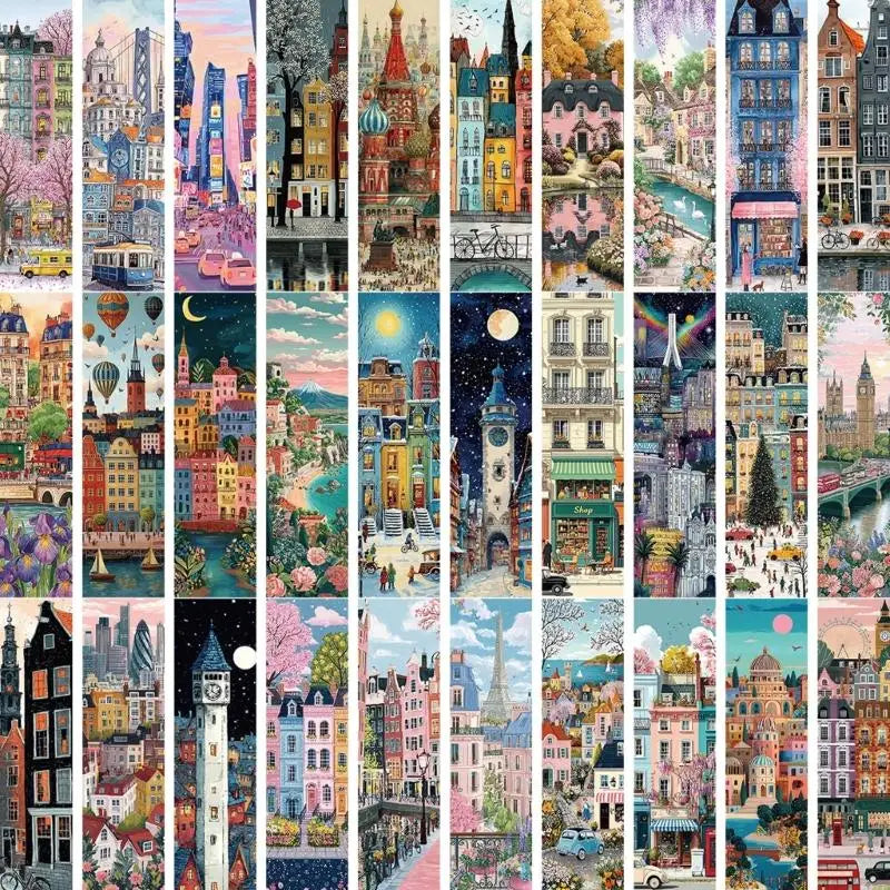 Illustrated Bookmarks Set with 30 Assorted City Scene Designs, Paper Page Markers for Books, Journals, Planner K1KF Quake