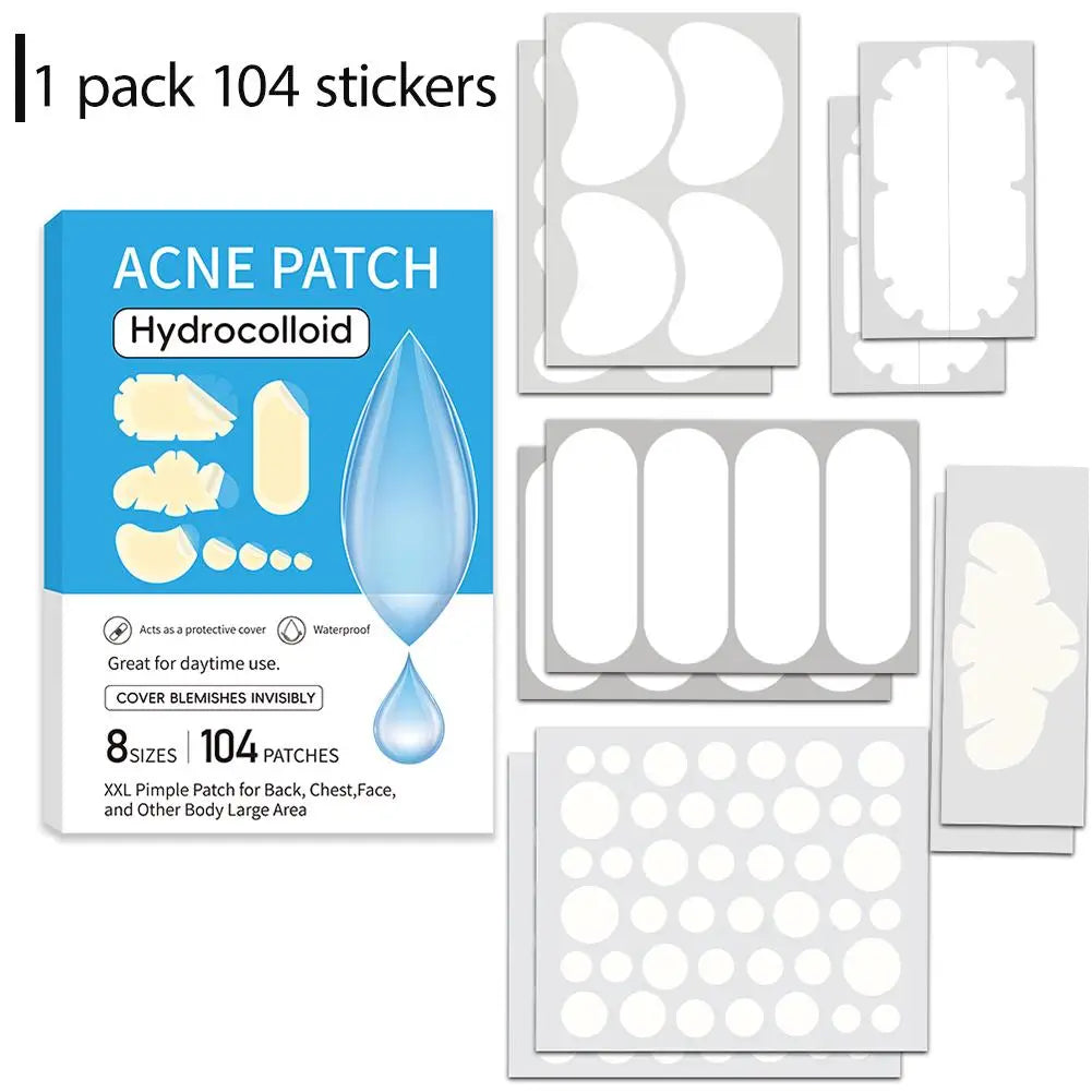 Large Pimple Patches Bulk for Face, 5 Sizes Hydrocolloid Acne Patches for Covering Body, Forehead, Chin Blemishes Zit Breakouts Quake 104pcs