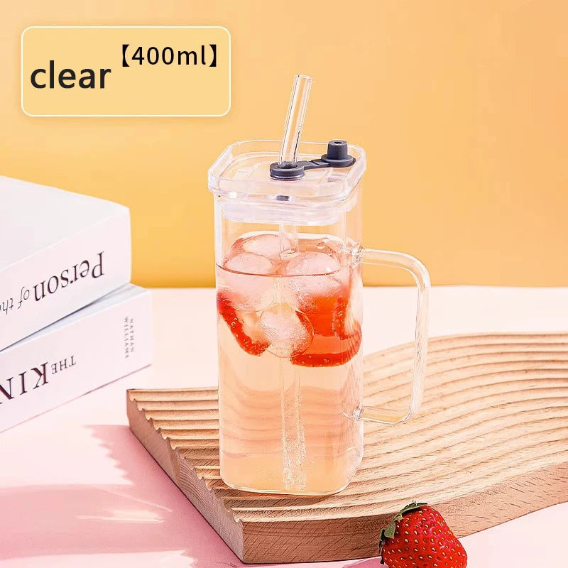 YWDL 350ml Glass Straw Cup With Lid And Straw Iced Coffee Handle Cup Drinking Mug For Juice Milk Tea Quake white 350ml