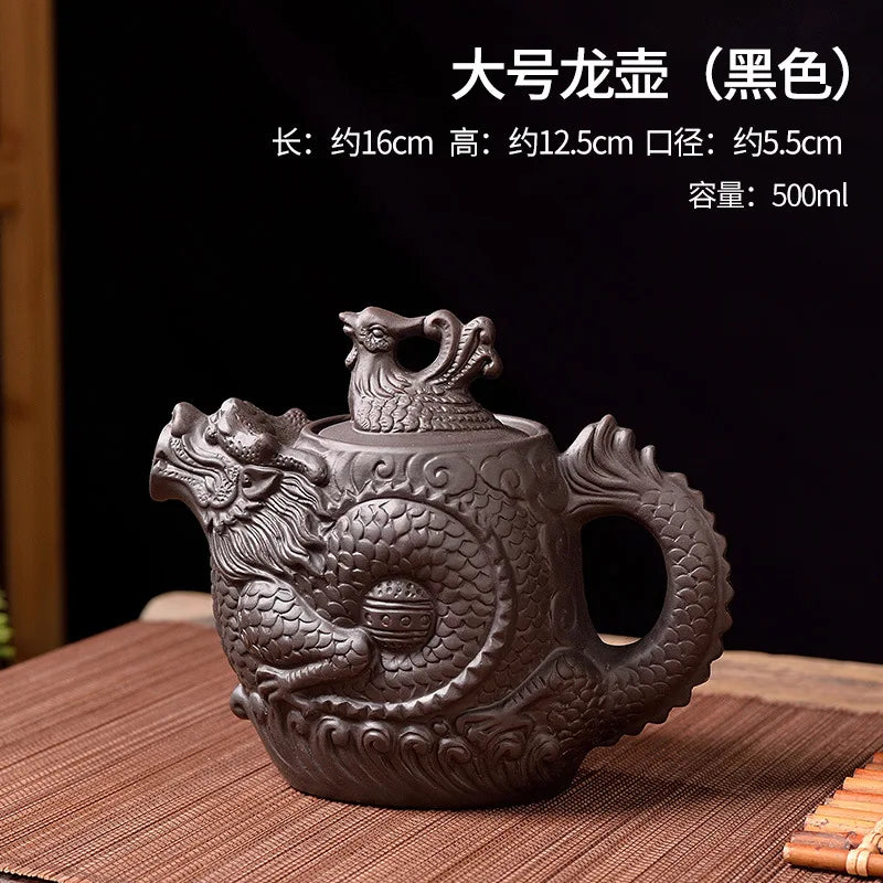 Chinoiserie large capacity dragon and phoenix teapot purple clay teapot kung fu tea set suit teapot tea maker Quake Black