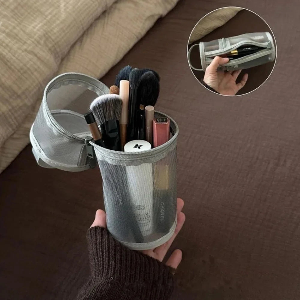 Mesh Dual-use Makeup Brush Storage Bag Portable Brush Case Simple Large Capacity Brush Bucket Holder Travel Stand-up Pouch Quake