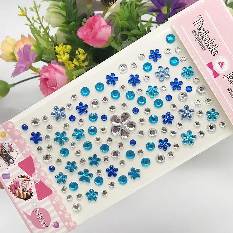 Rhinestone Crystal Face Stickers Diamond Face Makeup DIY Decoration Disposable Acrylic Tattoo Stickers Drill Phone Eyes Sticker Quake Flower-blue