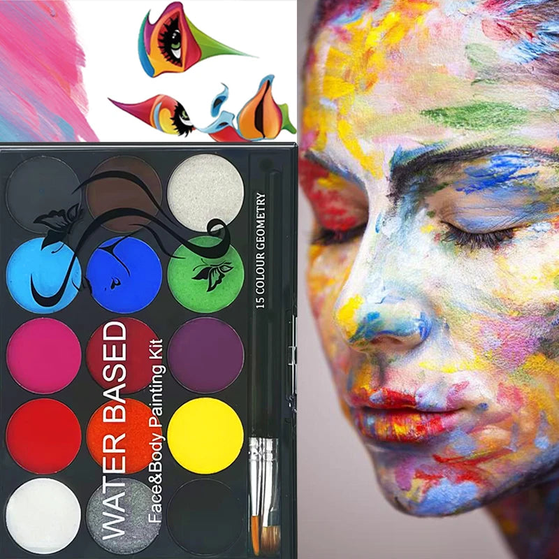 15Color BodyPainting Kit Vibrant Face Color Makeup Cream for Stage Costume Performances Includes Stencil and Brush Quake