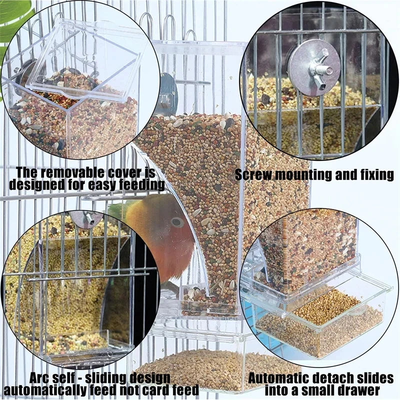 Automatic Parrot Bird Feeder Spill Proof Splash Proof Clear Acrylic Design Auto Dispense Birdseed Essential Bird Cage Accessory Quake