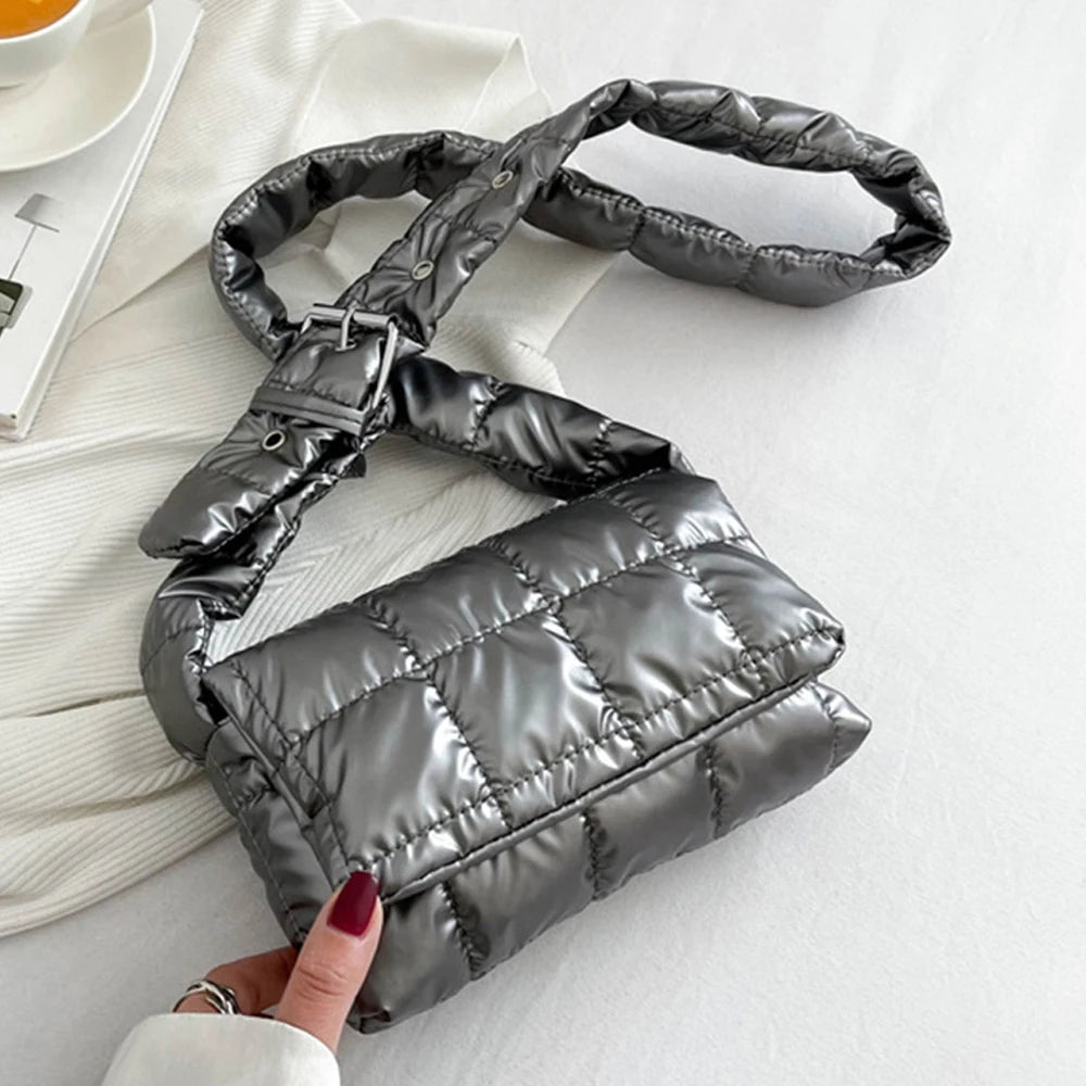 Fashion Quilted Tote Bag Winter Lightweight Warm Down Cotton Padded Plaid Shoulder Bags Women Underarm Bags Puffy Handbags Quake