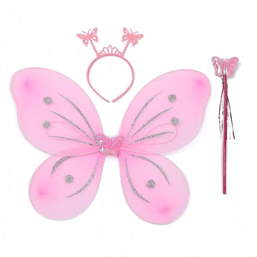 3Pcs/Set Kids Headband Wings Wand Girls Summer Photography Outfit Children Yellow Green Purple Pink Fairy Tale Props Quake Style 10-3pcs-set