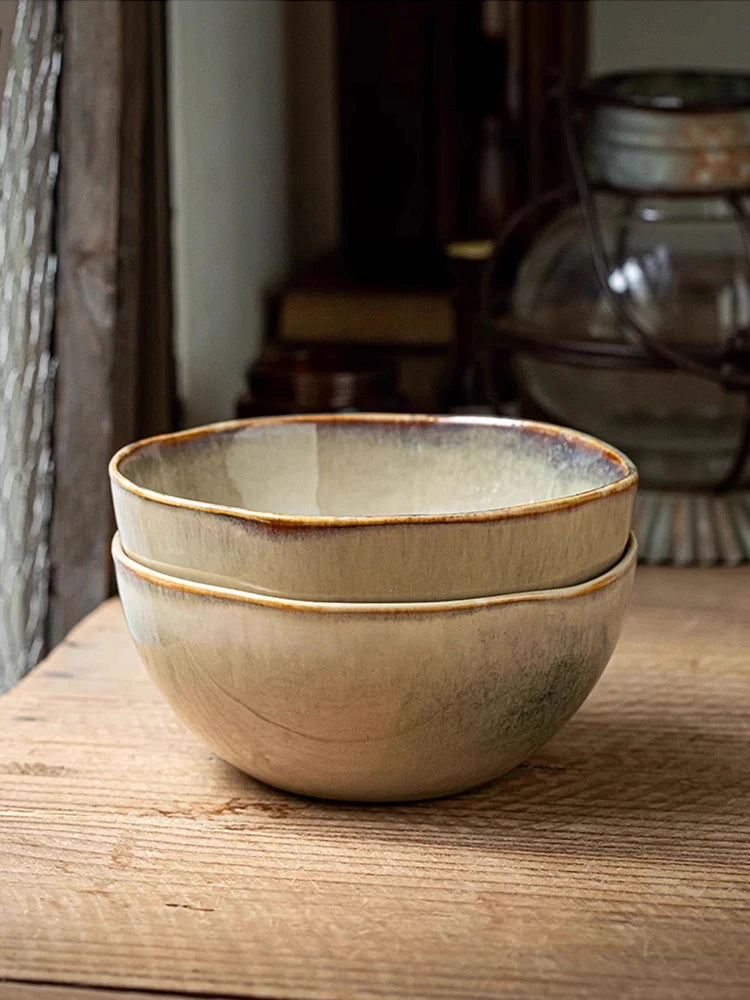 YWDL 500ml Vintage Ceramic Salad Bowl Heat-resistant Rice Soup Bowl Irregular Edges Kitchen Noodle Bowl Microwave Safe 5.5inch Quake