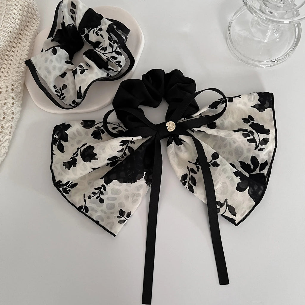 French Elegant Flower Streamer Bow Large Intestine Hair Band Women's New Retro High-end Headband Gentle Headgear Women Quake