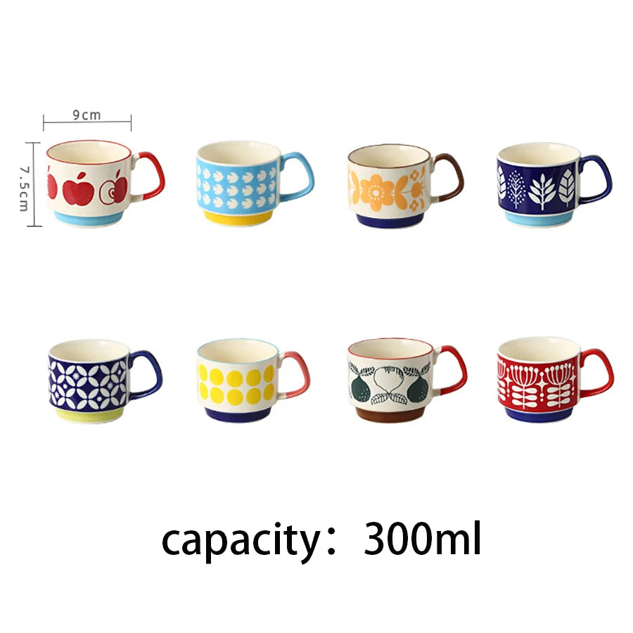 4pcs Set Ceramic Ear Hanging Coffee Mug Underglaze Colored Breakfast Milk Oatmeal Cup Japanese Retro Style Lovers Mug Stackable Quake