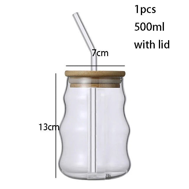 YWDL 1/2pcs 500ml Glass Tumblers Cups With Straw Mason Jar Clear Juice Coffee Milk Cup With Bamboo Lids Drinkware Quake 500ml smooth 1pcs