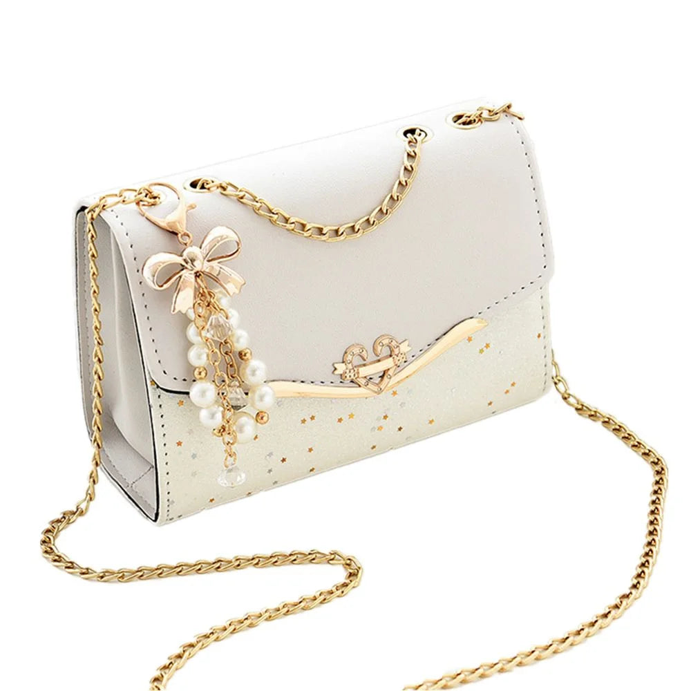 Fashion Messenger Bag Women Trendy Sequin Single Shoulder Bags Mobile Phone Pouch Ladies PU Leather Handbag with Tassel Pendant Quake white