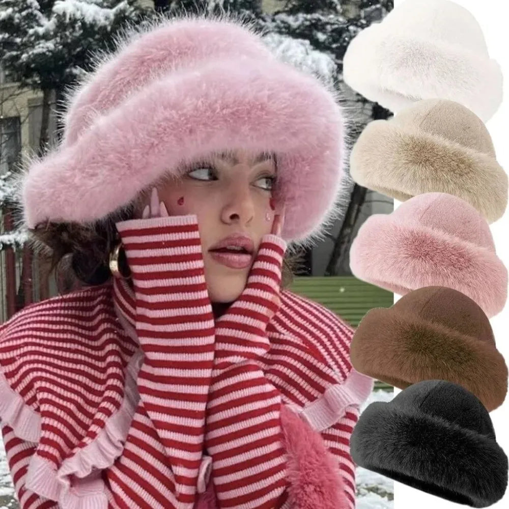 Fashion Headwear Fluffy Fur Winter Hat Thicken Fisherman Hat Cold Windproof Solid Color Berets for Women Girls Quake