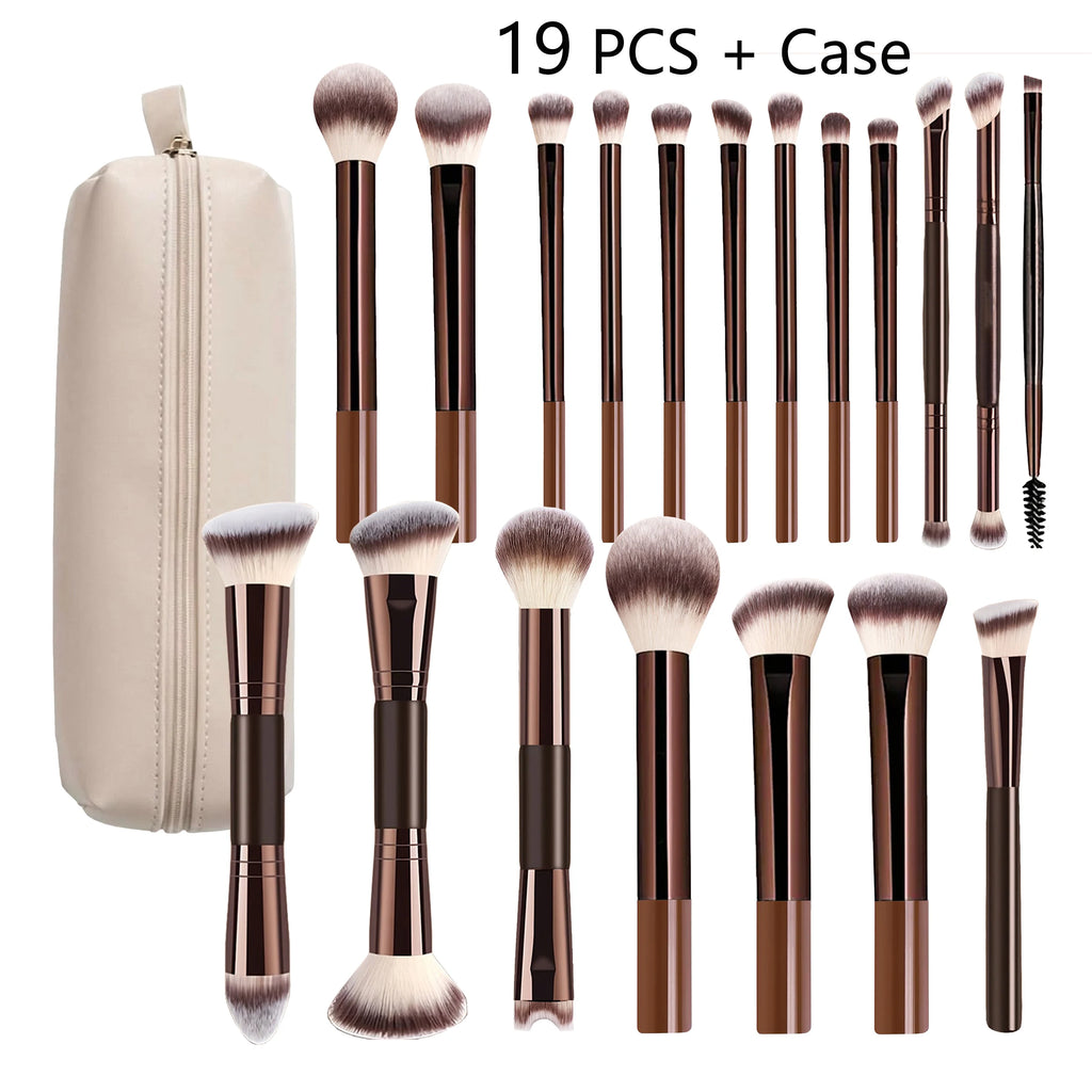 19 PCS Double-Ended Makeup Brush Set with Case Professional Foundation Powder Concealers Eyeshadow Blush Soft Bristles Quake 19 PCS With Case
