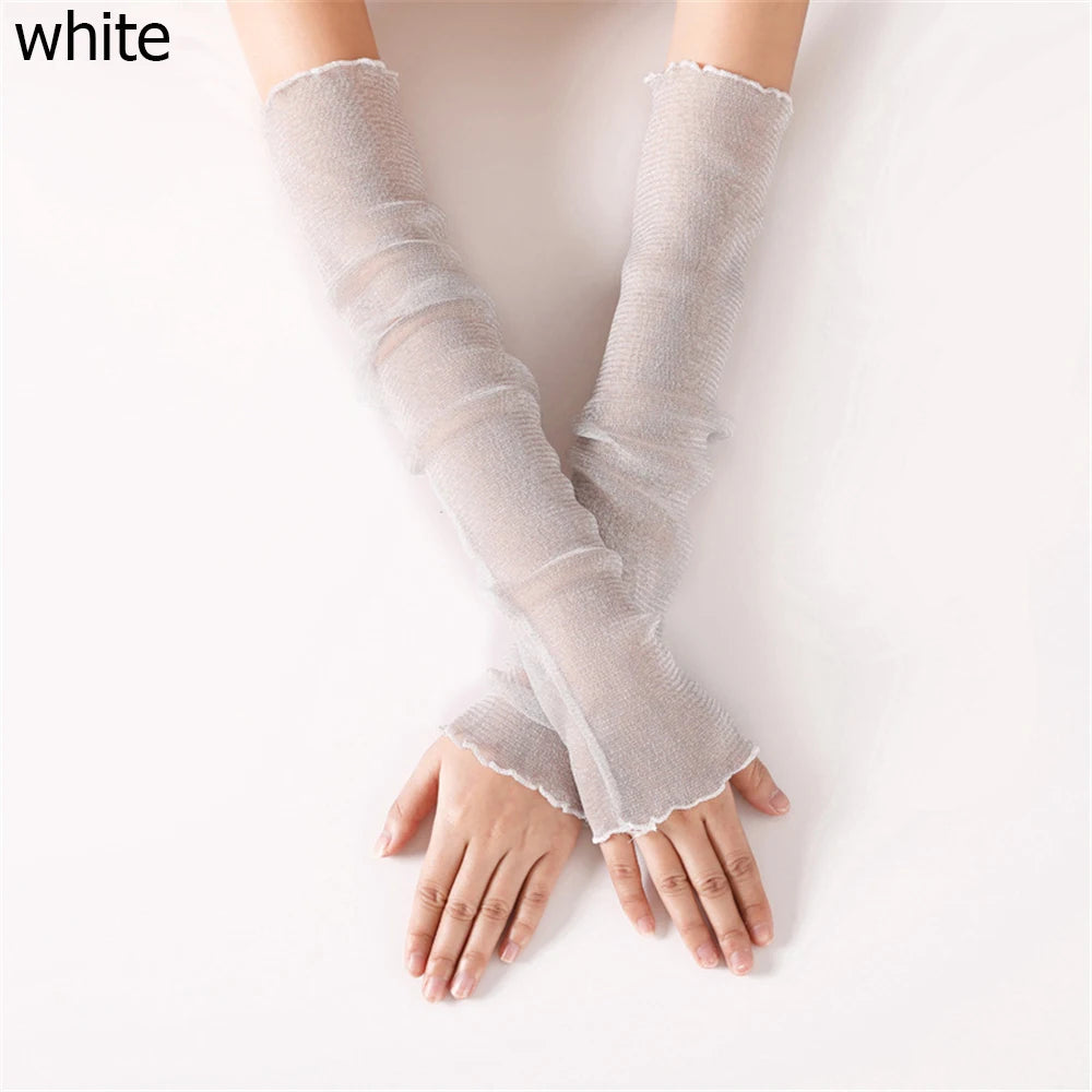 Spring Summer Fashion Sleeves Mesh Lace Thin Long-Sleeved Bike Breathable Cycling Gloves Driving Arm Warmers Sleeves Quake white