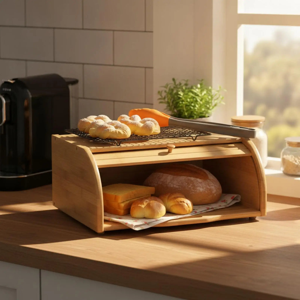 Bamboo Bread Bin with Slatted Roll Front Door for Kitchen Pastry Snack Storage Holder Quake