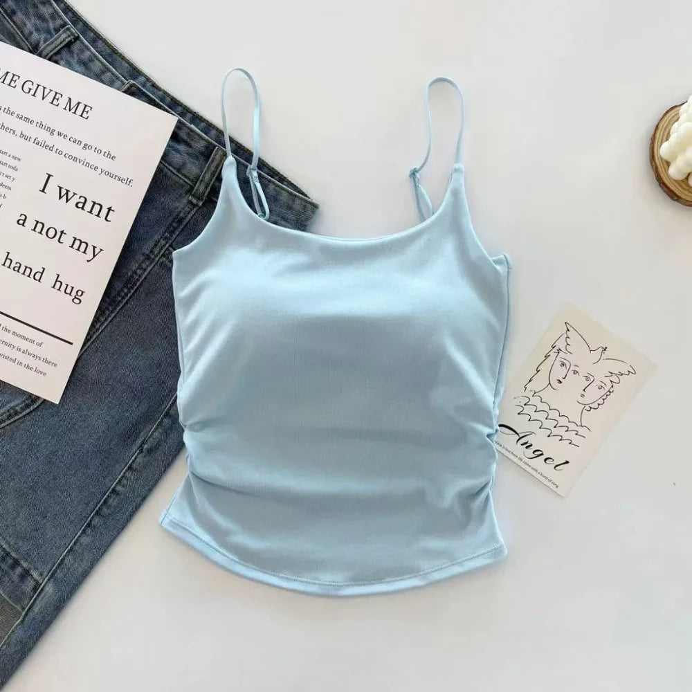 Sweet Sleeveless Suspender Vest Slim With Padded Cups Camisole Underwear Short Vest Sports Activities Quake Blue One Size