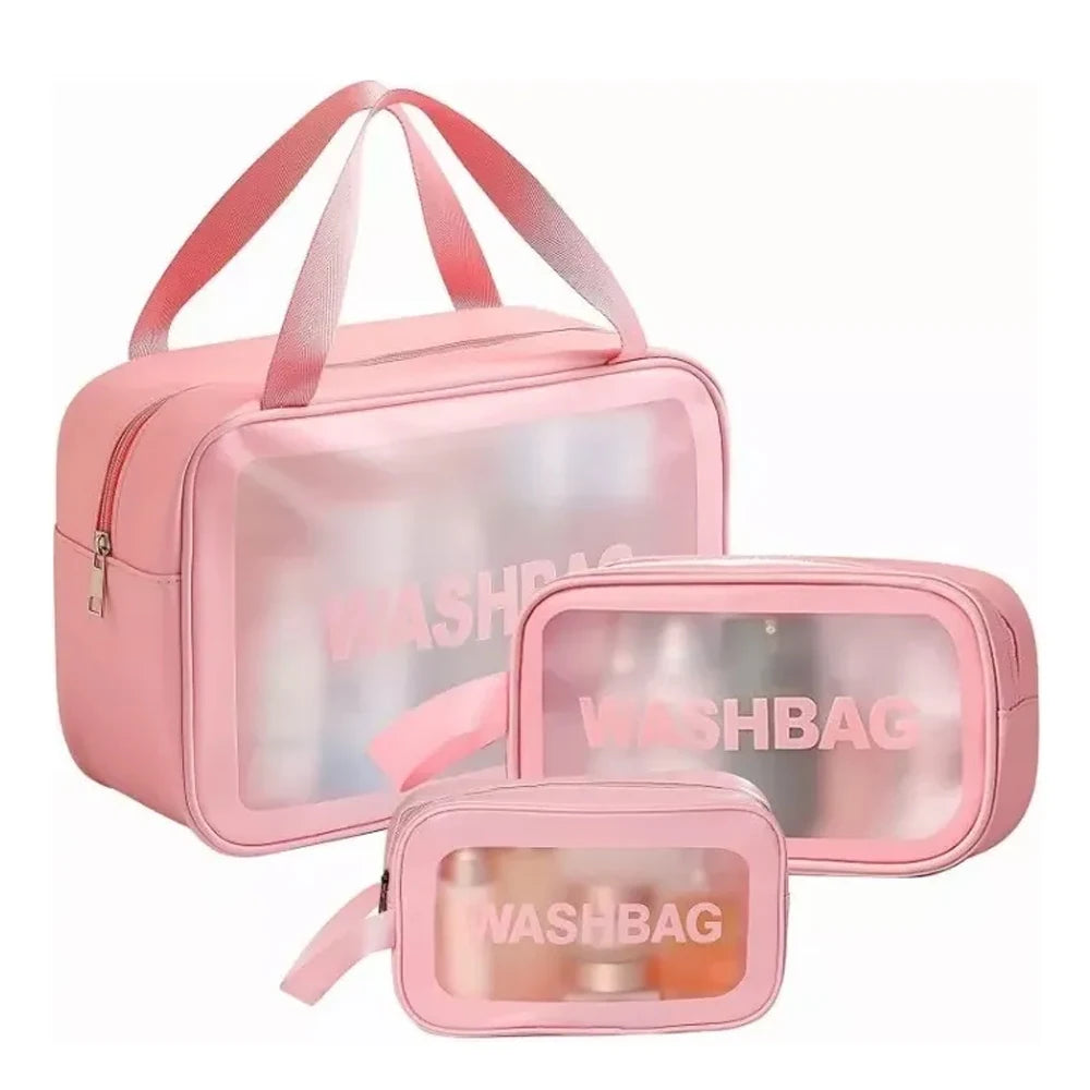 3pcs Transparent Makeup Bag Large Capacity Portable Cosmetic Storage Bag for Travel, Fitness & Swimming Quake Pink