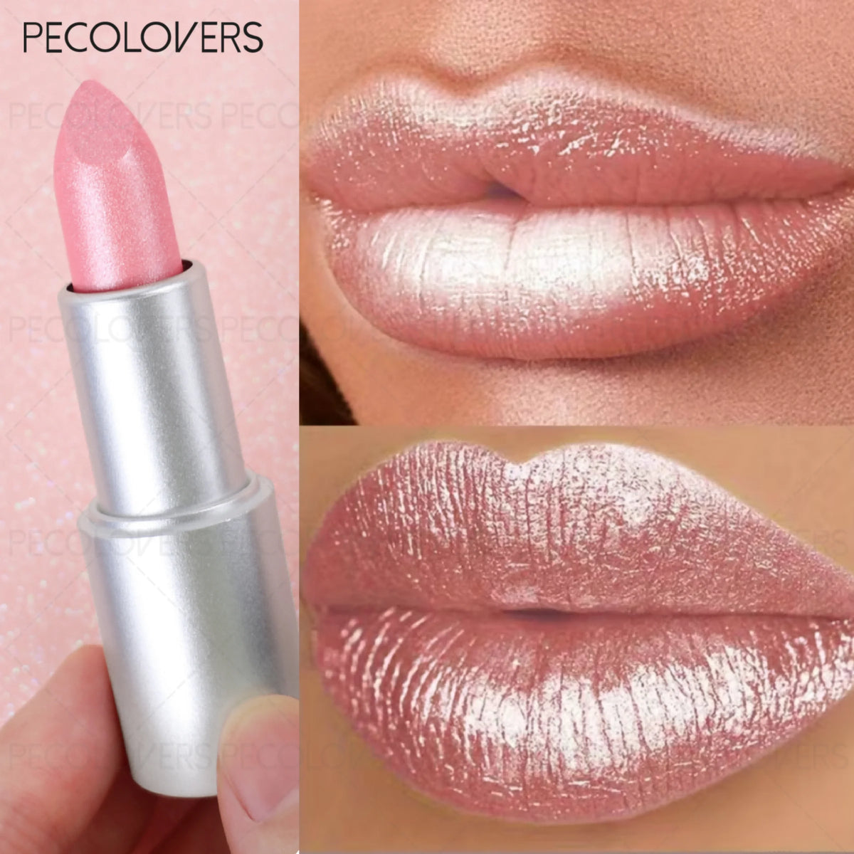 1 Pcs Mermaid Pearlescent Glitter Lipstick, Non-Drying Smooth, Mermaid & Bean Paste, Metallic Shimmer Champagne Gold Pink Nude Quake