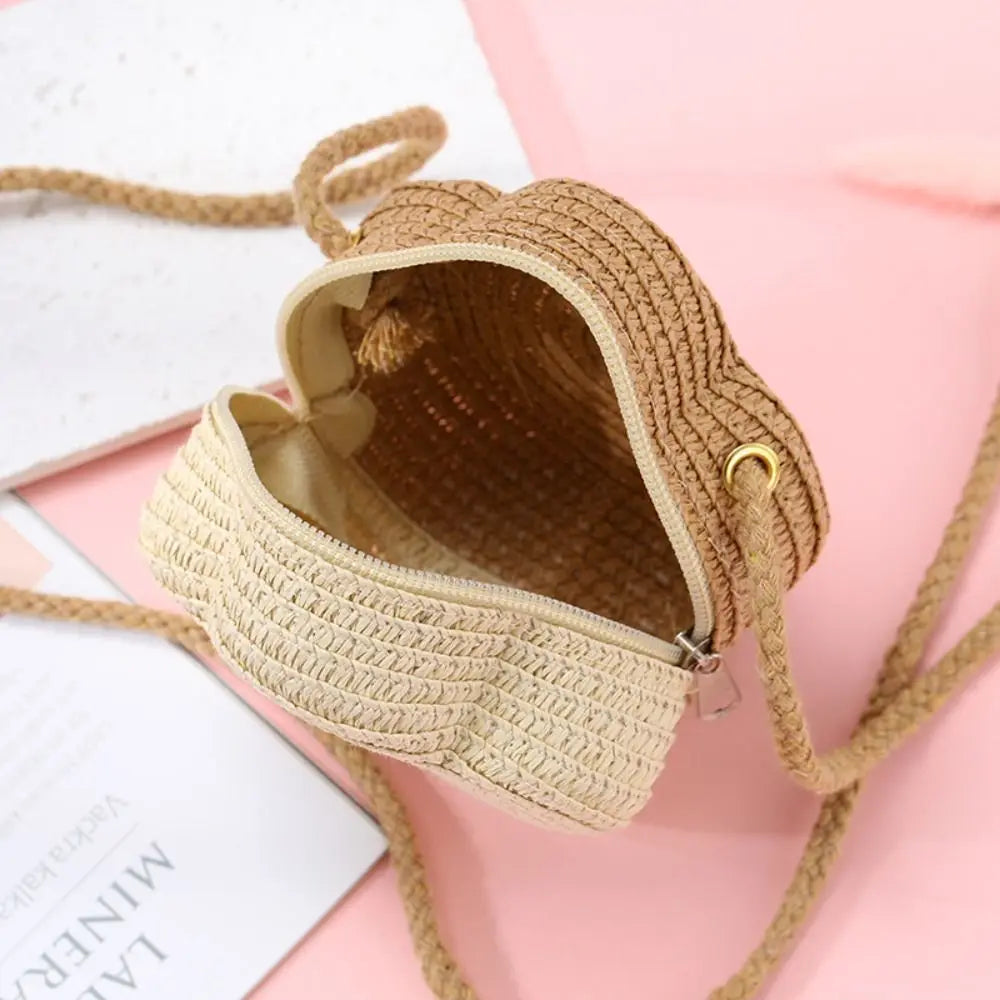 Fashion Woven Straw Shoulder Bags Flower Cute Crossbody Bag Travel Lightweight Beach Bag for Children Quake