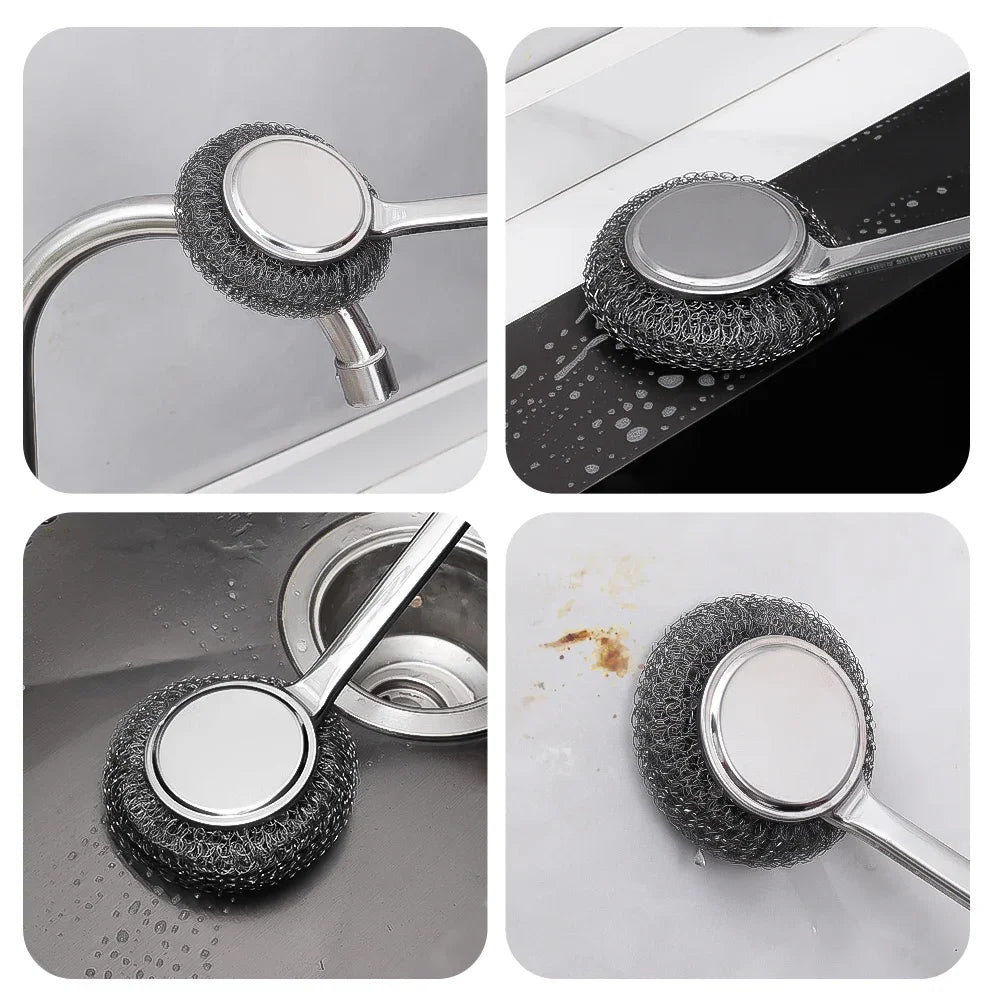Steel Wire Ball Pot Brush Kitchen Pan Dishes Cleaning Brush Long Handle Metal Wool Scourer Strong Decontamination Cleaning Brush Quake