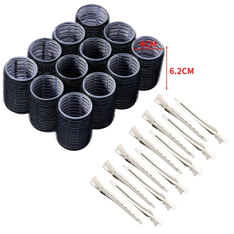 Plastic Hair Rollers Set Self-adhesive Hair Curlers 12pcs Heatless Rollers 12pcs Clips Salon Pro Curlers Hair Styling Tools New Quake style 2 black