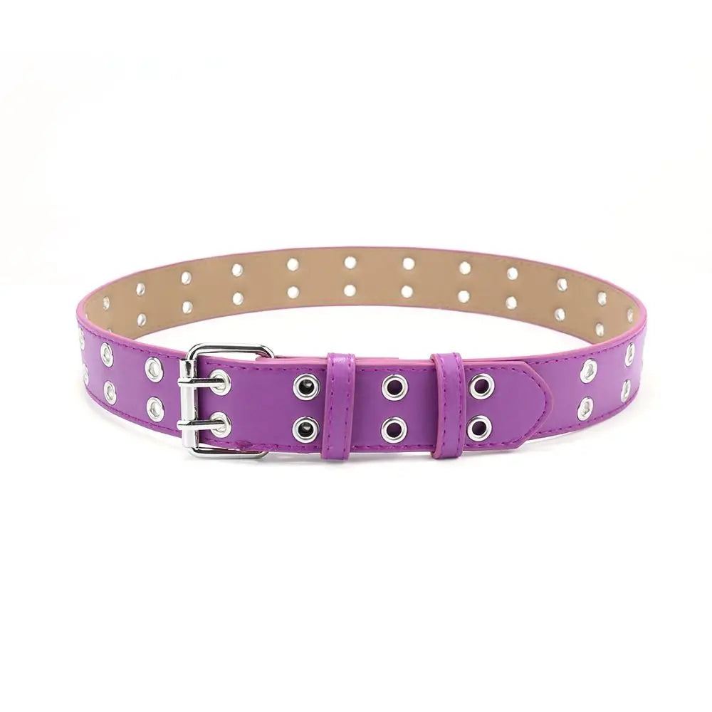 Fashion Punk Waistband PU Leather Double Holes Waist Strap Metal Pin Buckle Solid Color Decoration Belt Children Quake purple